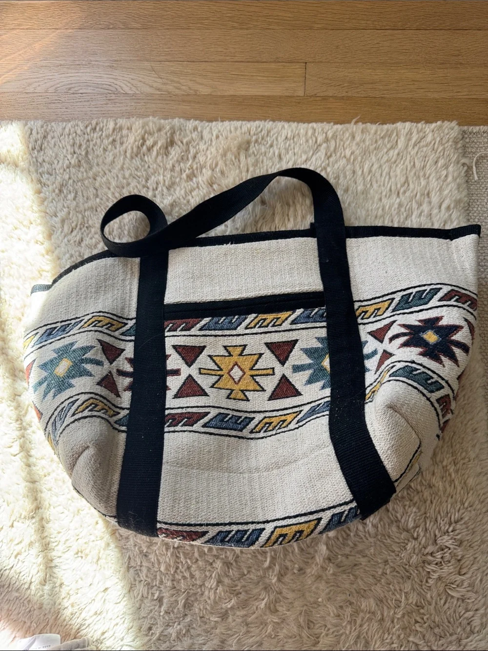 Isabel Marant Cream Tote with Black Straps and Multicolor Geometric Motif